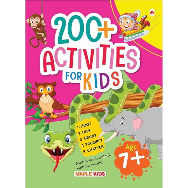A colorful book cover for '200+ Activities for Kids' featuring cartoon monkeys, an elephant, and a snake around a tree, with the age recommendation of 7+.