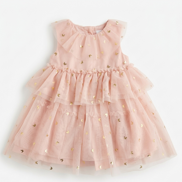 Baby girl Pink dress with gold heart patterns on a white background