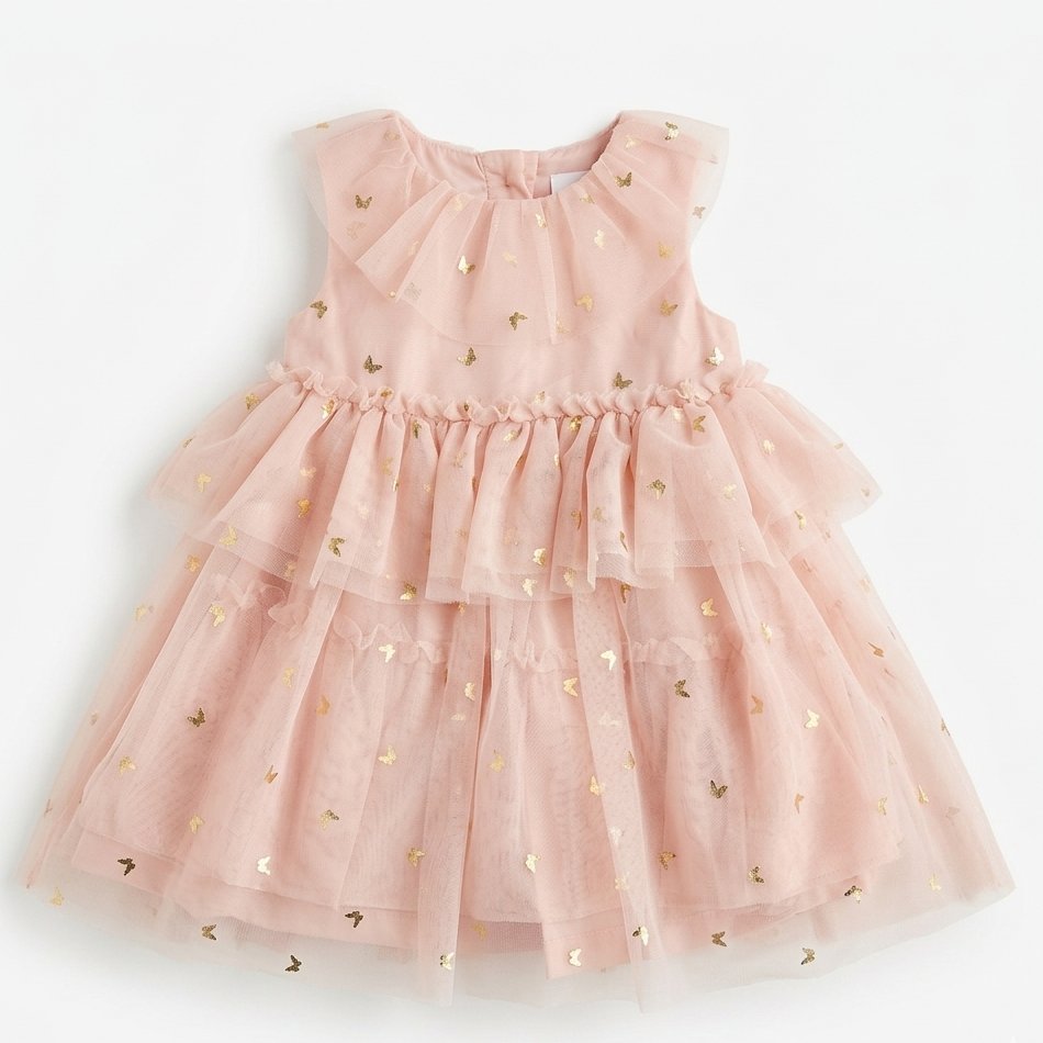 Baby girl Pink dress with gold heart patterns on a white background