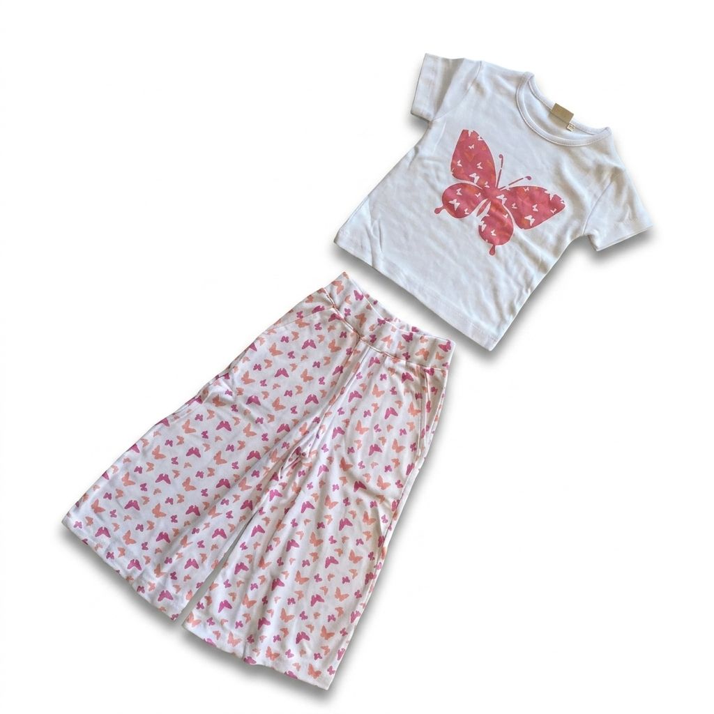 White t-shirt with pink butterfly design and matching pants on a white background