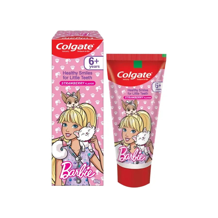 Packaging and tube of Colgate Kid's Barbie Strawberry Flavour toothpaste, featuring Barbie branding and designed for children aged 6 years and above.