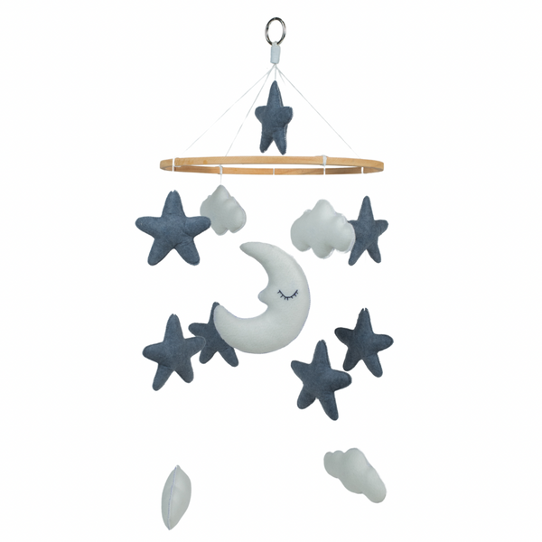 A handcrafted mobile with stars, clouds, and a moon-shaped felt hanging from a wooden ring. The mobile is primarily in shades of blue and gray.