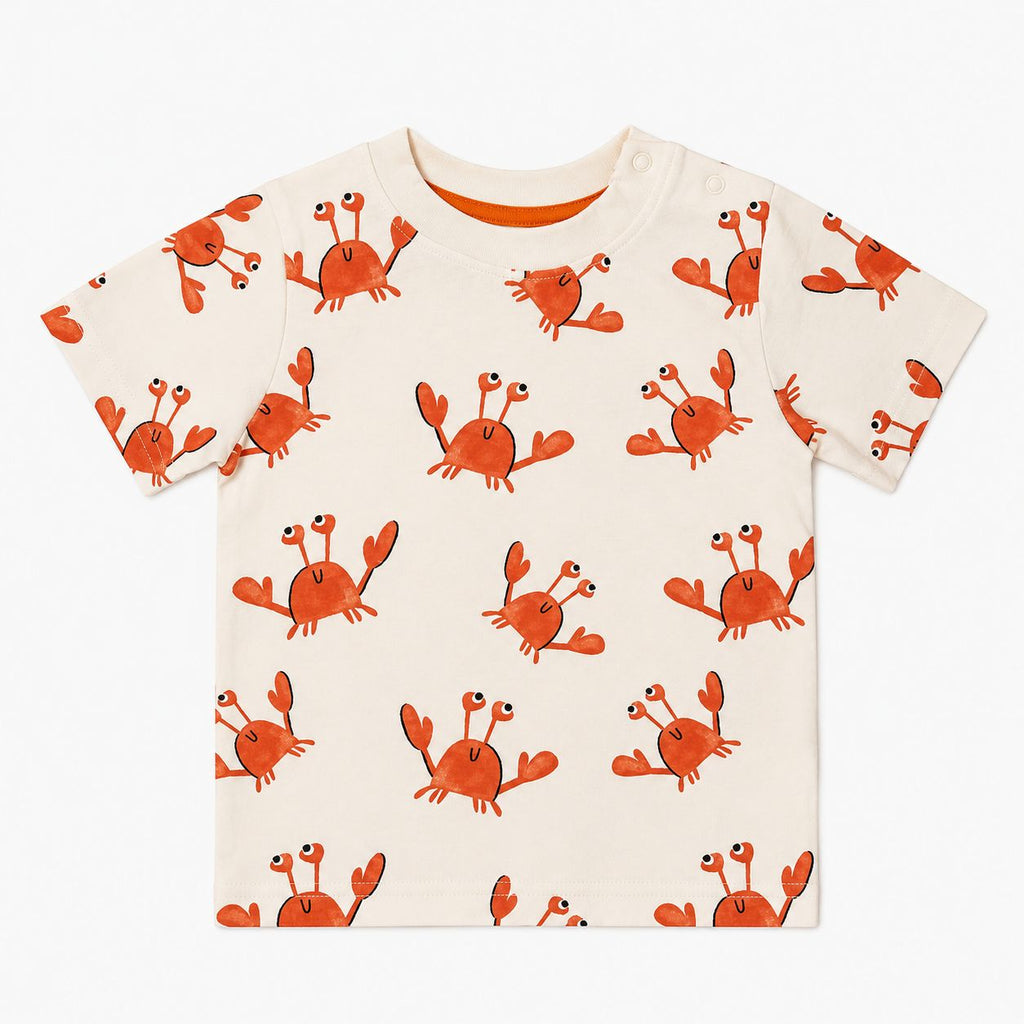 Children's t-shirt with orange crab pattern on a white background