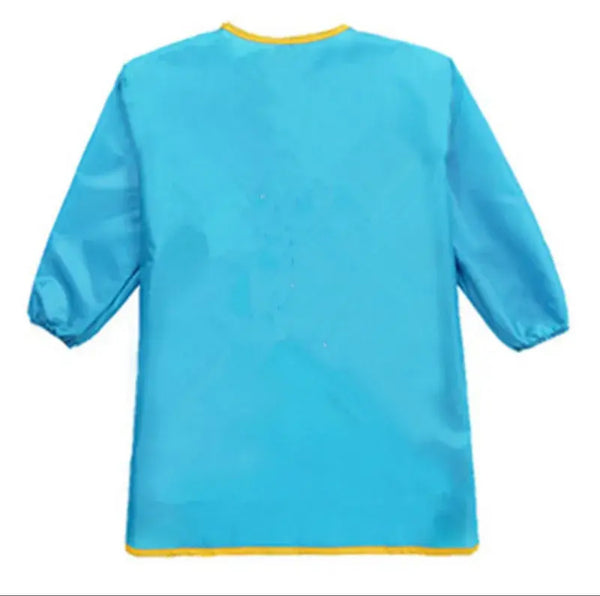 A light blue children's waterproof long sleeve apron with a yellow trim on the sleeves.