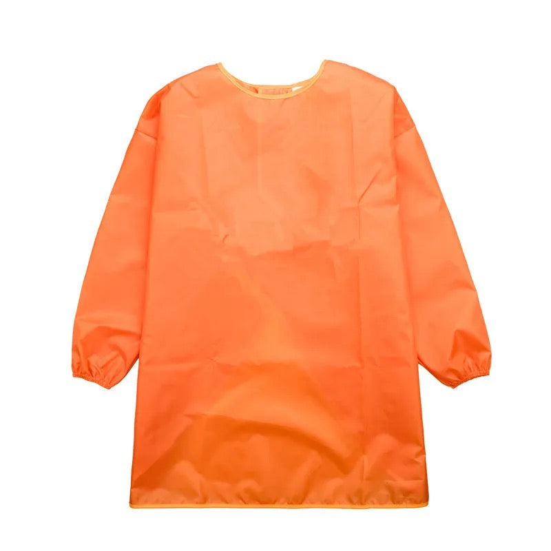 Children's orange waterproof long sleeve apron with a high neck.