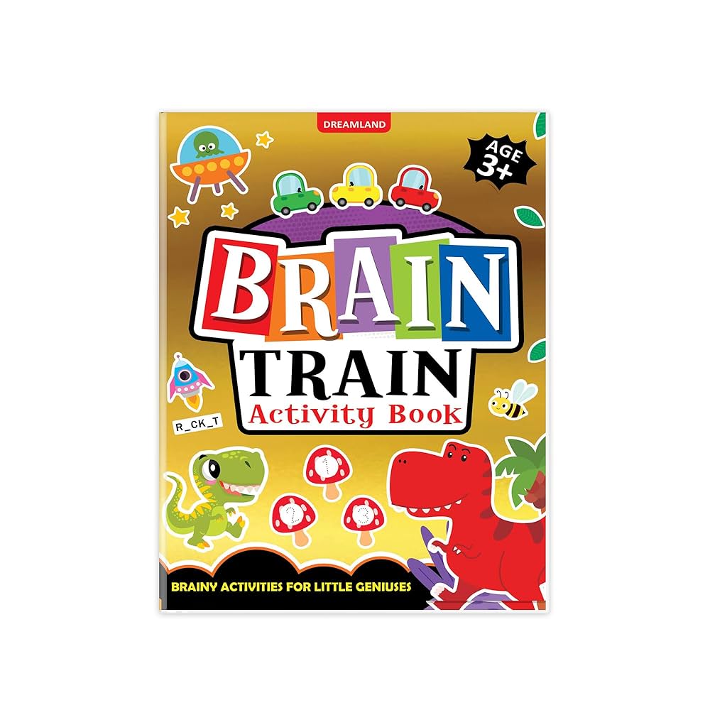 Children's activity book titled 'Brain Train' with colorful illustrations on a white background