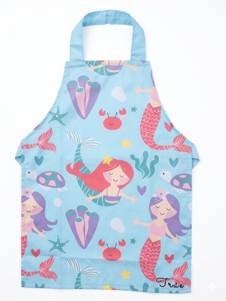 Children's apron with mermaid design on a blue background