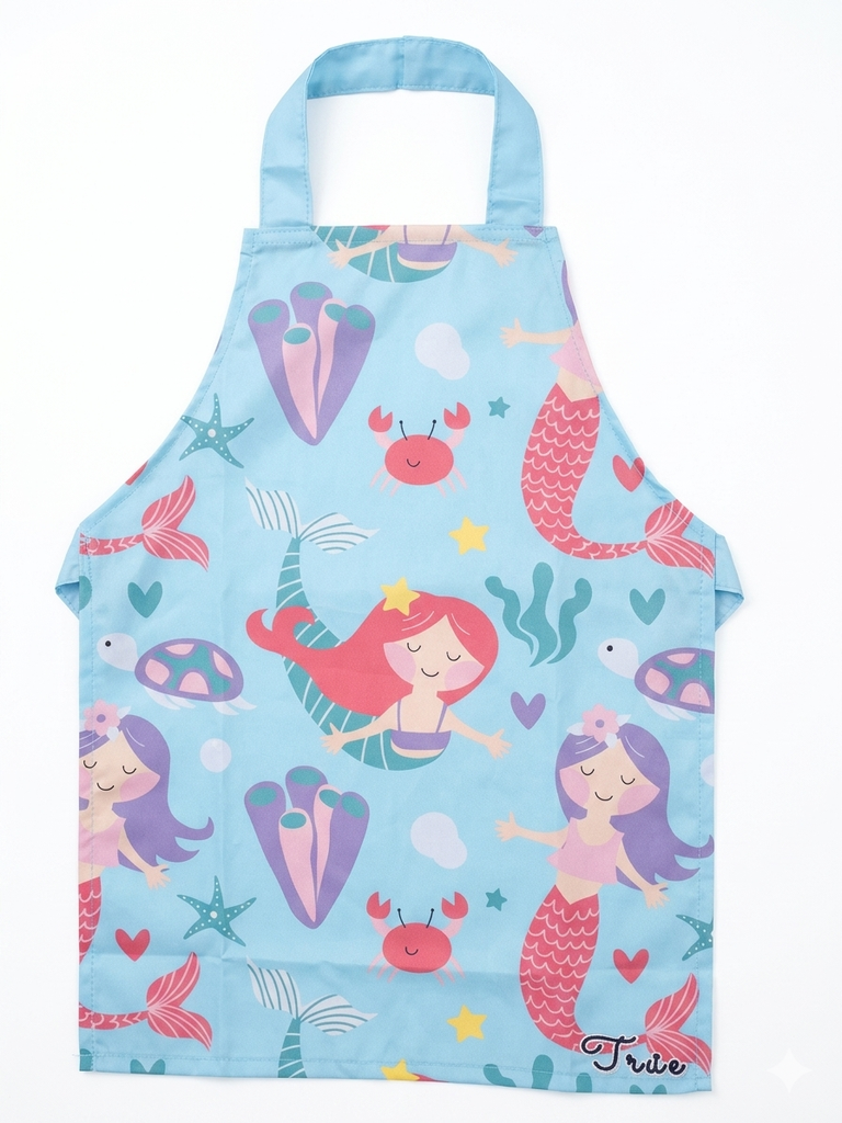 Children's apron with mermaid design on a blue background