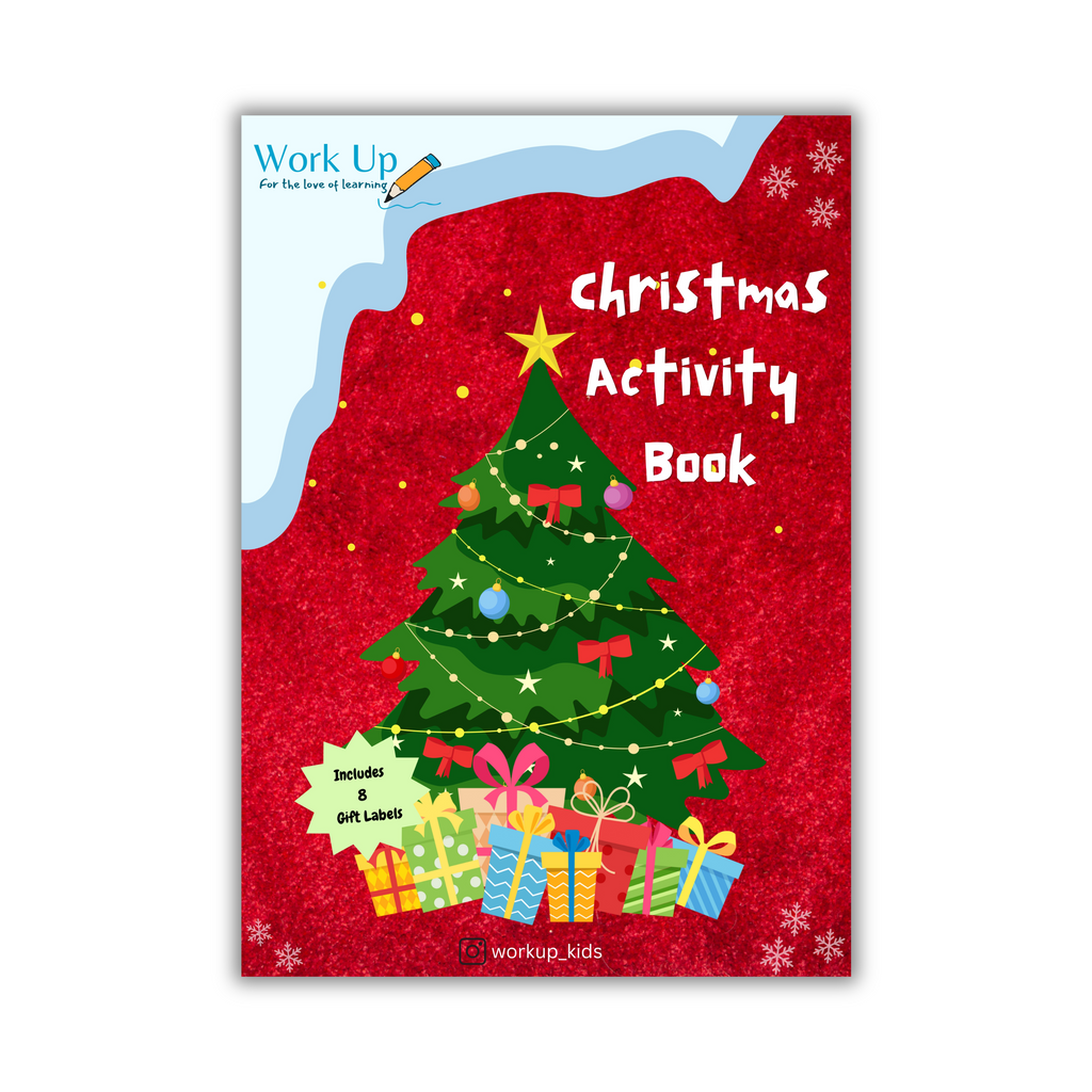 A cover of the 'Christmas Activity Book' featuring a colorful illustration of a Christmas tree with gifts and the text 'Workshop Junior Christmas Activity Book'.