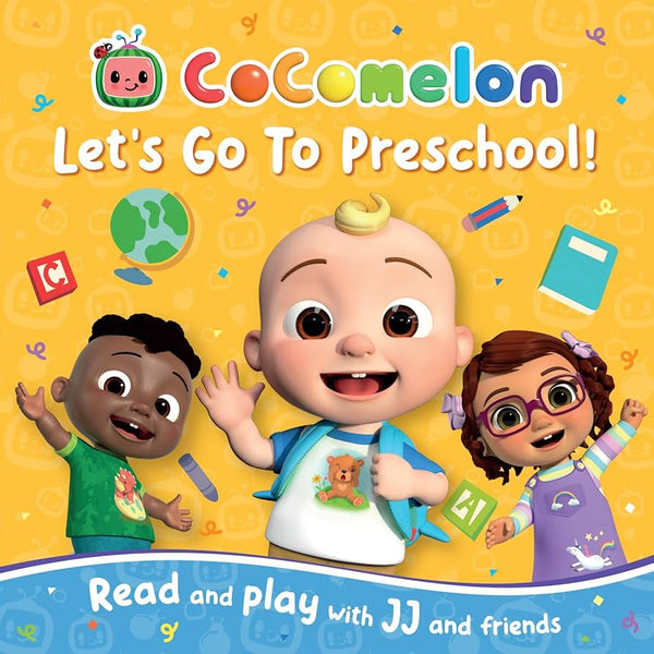 A cover of the CoComelon picture book 'Let's Go To Preschool!' featuring animated characters JJ, J, and F, with the tagline 'Read and Play with JJ and Friends'. The background is colorful with various playful illustrations.