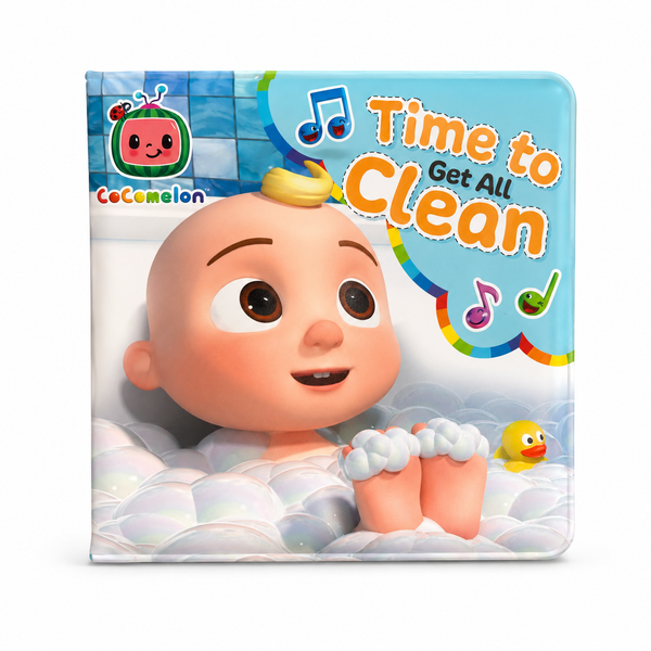 CocoMelon 'Time to Get All Clean' baby board book featuring a cartoon baby in a bubble bath with colorful text and musical notes on a white background.
