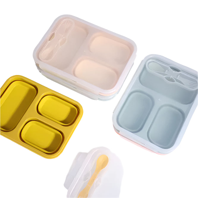 Set of three colorful Collapsible 3 Part Divided Lunch Box with Spoon/Fork 