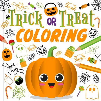 Coloring book cover with a pumpkin, candy, and Halloween-themed illustrations on a white background.