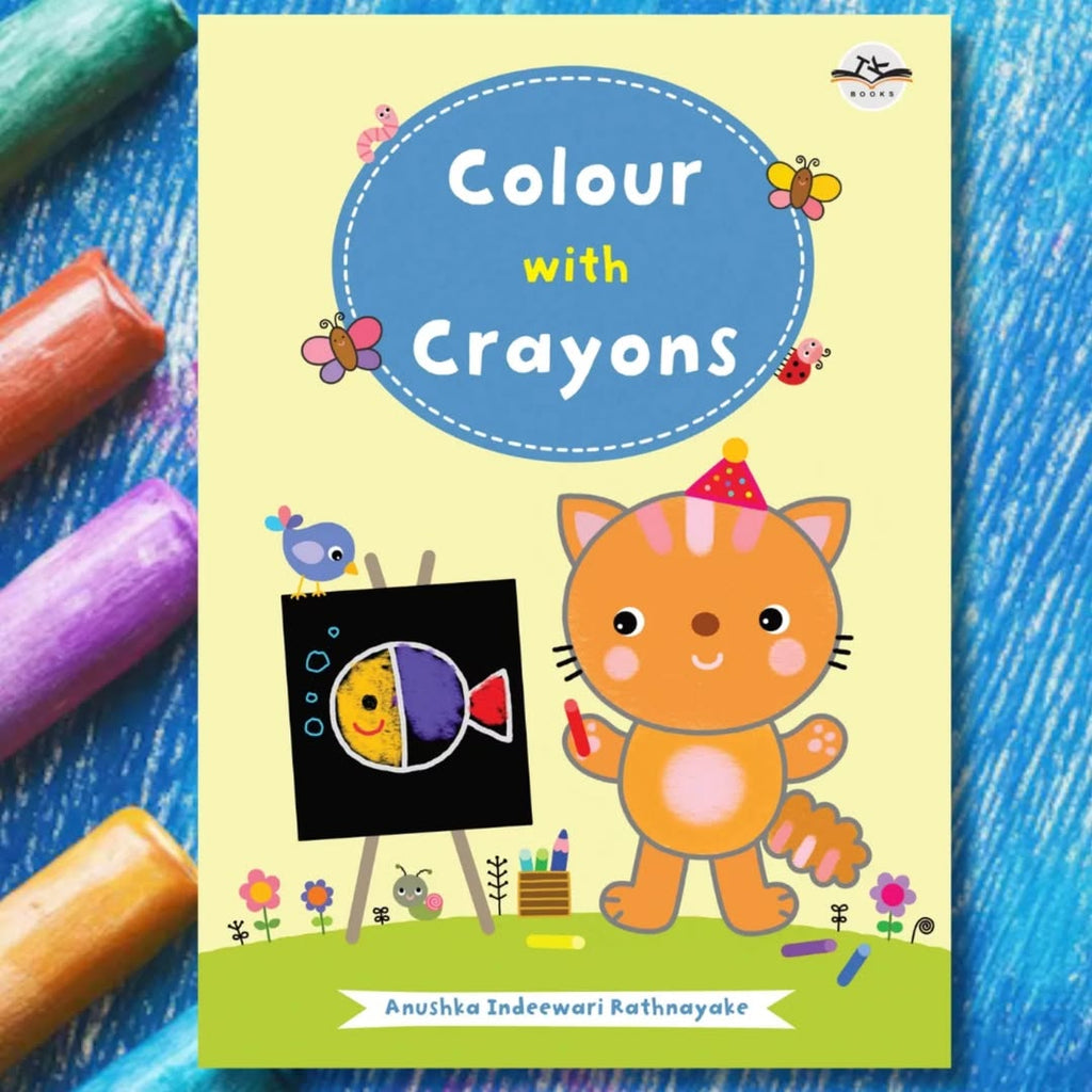 Book cover of 'Colour with Crayons' featuring a cat character and crayons on a blue background