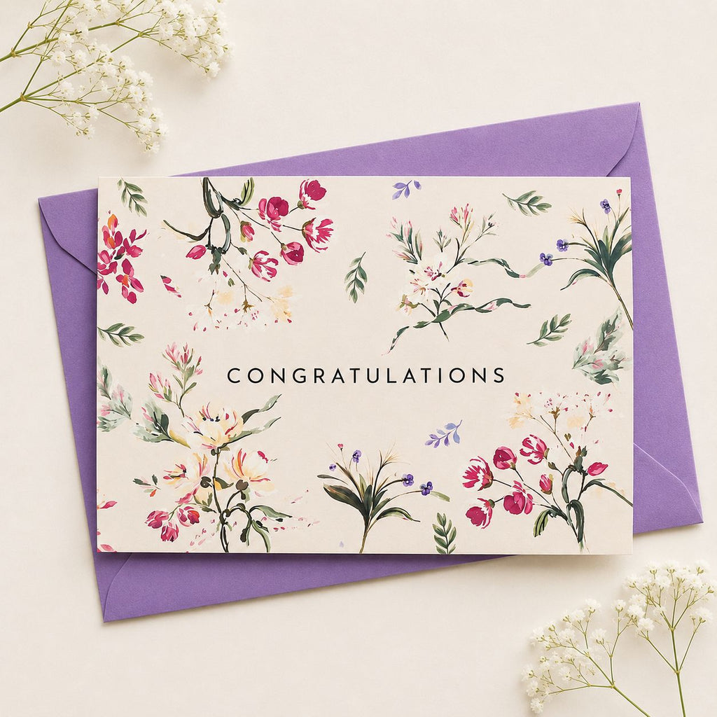 Floral congratulation card with a purple envelope on a light background