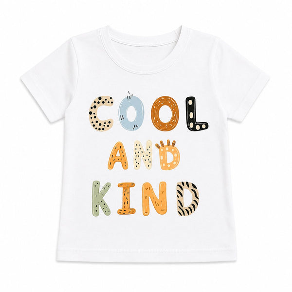 White t-shirt with 'Cool and Kind' text in colorful letters on a white background