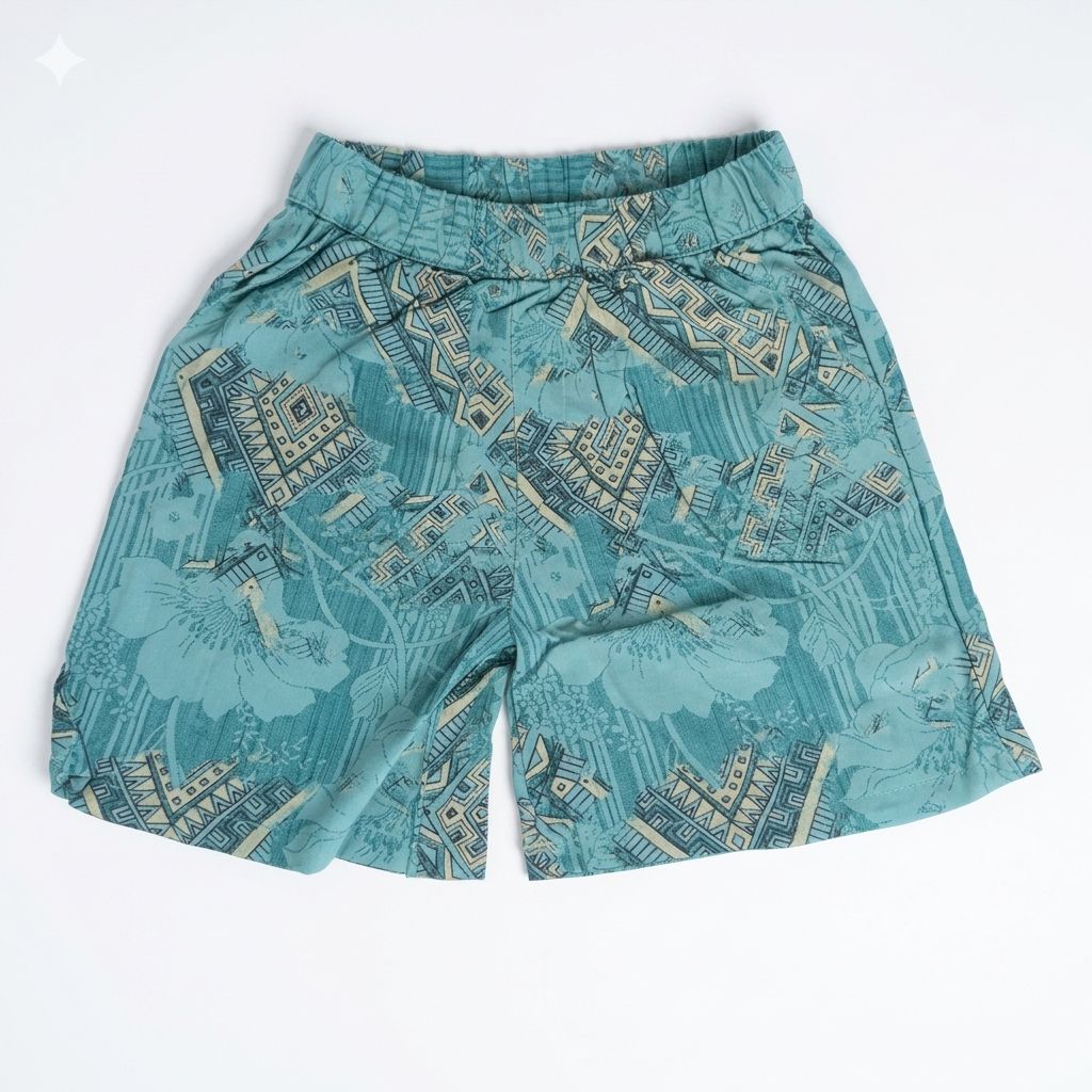 Teal patterned shorts on a white background