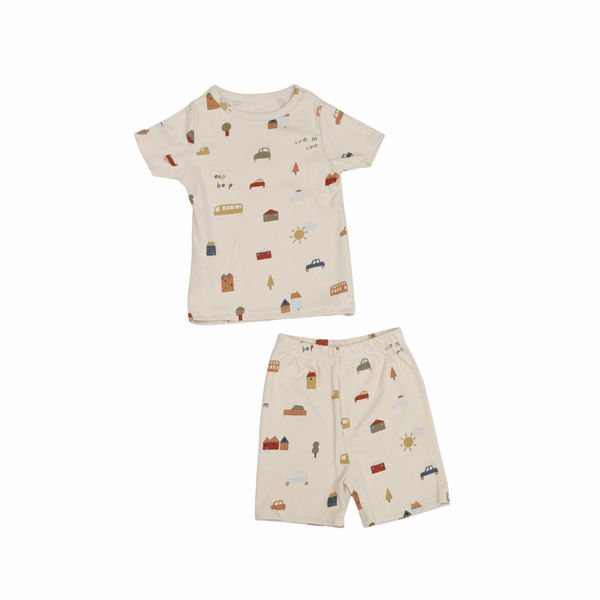 Bay t-shirt and shorts set with vehicle pattern on a white background
