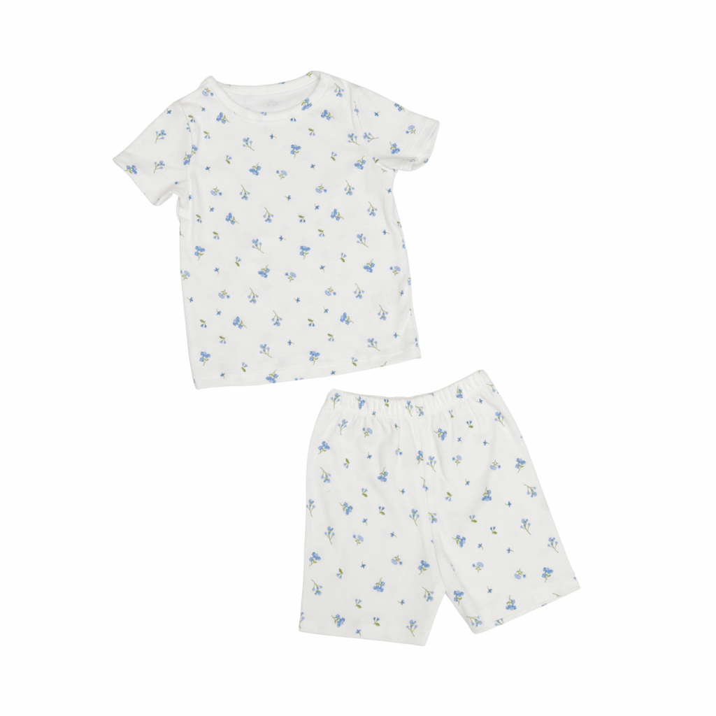 Children's white t-shirt and shorts set with blue floral pattern on a white background