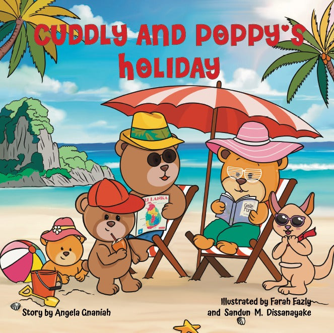Book cover of 'Cuddly and Poppy's Holiday' with cartoon bears on a beach.