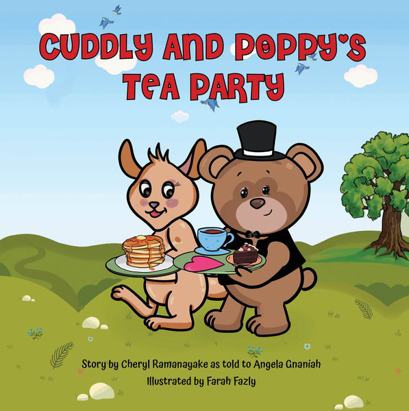 Cover of the book 'Cuddly and Poppy's Tea Party' featuring illustrations of a bear and a rabbit with a tea set and food, set against a grassy background.