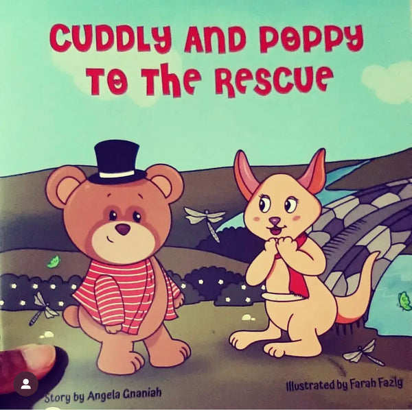 Children's book cover for 'Cuddly and Poppy to the Rescue', featuring illustrations of a teddy bear and a kangaroo in casual clothing, set against a backdrop of a park and a butterfly.