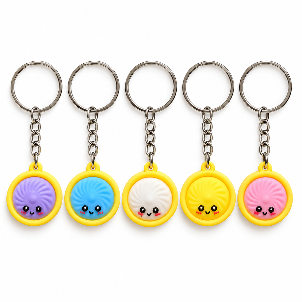Five small round keychains with metal key rings and chains, each featuring a cute smiling face and a different colored top: purple, blue, white, yellow, and pink, all on a white background.