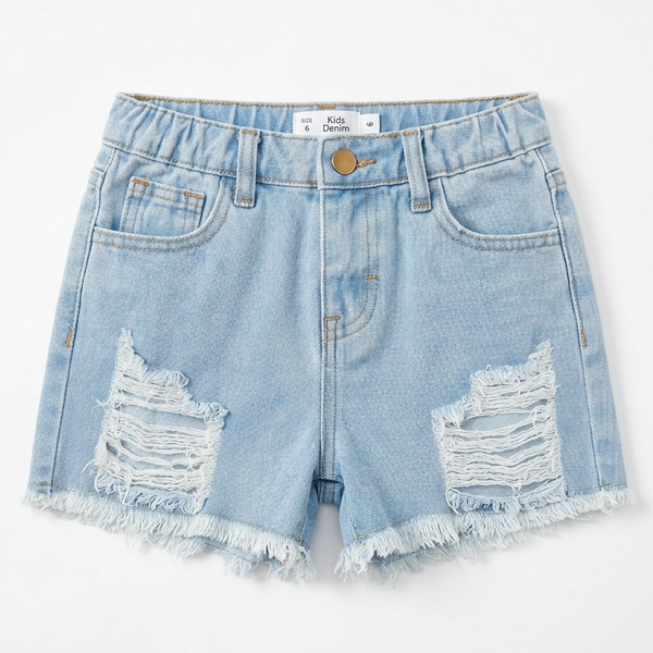 Light blue denim shorts with frayed edges on a white background