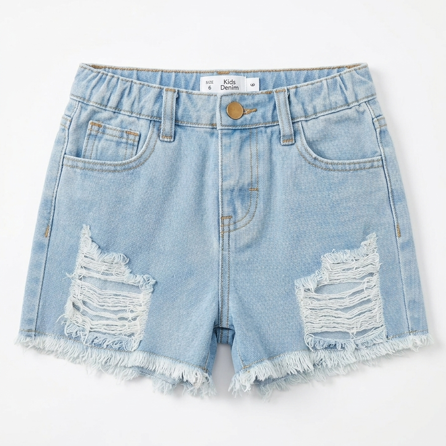 Light blue denim shorts with frayed edges on a white background