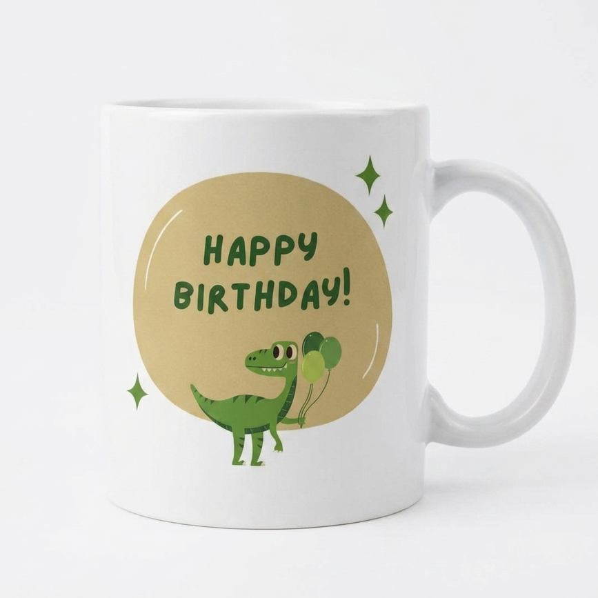 White mug with a dinosaur and 'Happy Birthday!' design on a beige circle, against a white background.