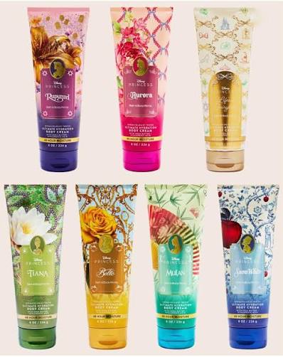 Six tubes of Princess Bath & Body Creams arranged in two rows on a light beige background. The tubes feature various colorful, ornate illustrations including flowers, gold patterns, and traditional motifs, with the Princess brand name clearly visible on each.