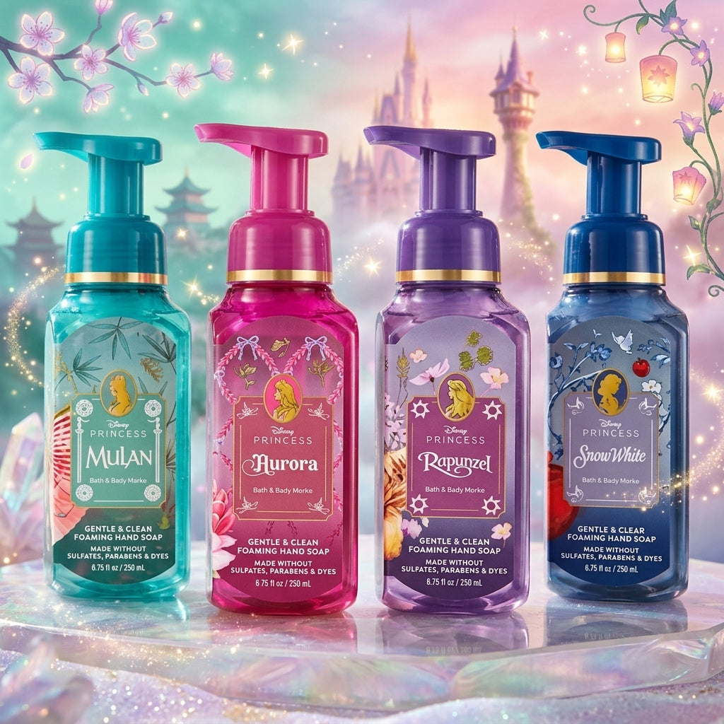 Four Bath & Body Works Princess line foaming hand soaps in colorful pump bottles, displayed against a whimsical fantasy castle background with floral and lantern decorations. The soaps are labeled Mulan, Aurora, Repulser, and Snow White.