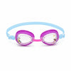 Pink and blue swim goggles with Disney Princess design on a white background
