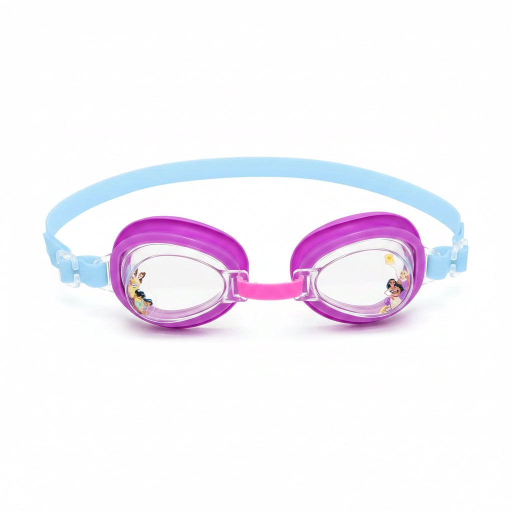 Pink and blue swim goggles with Disney Princess design on a white background
