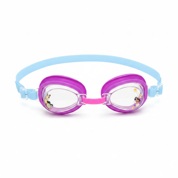 Pink and blue swim goggles with Disney Princess design on a white background