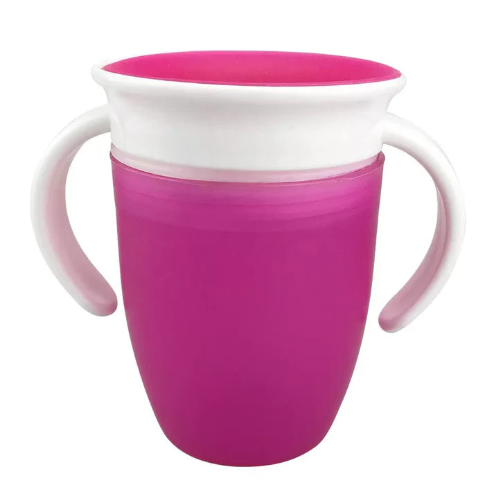 Pink and white cup with handles on a white background