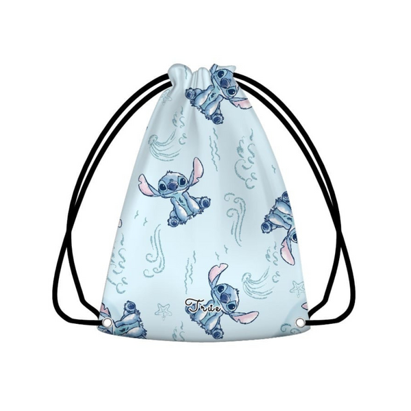 Drawstring bag with cartoon character pattern on a light blue background
