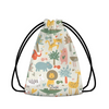 Drawstring bag with colorful animal pattern on a white background