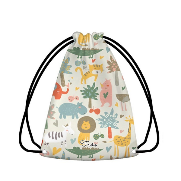 Drawstring bag with colorful animal pattern on a white background