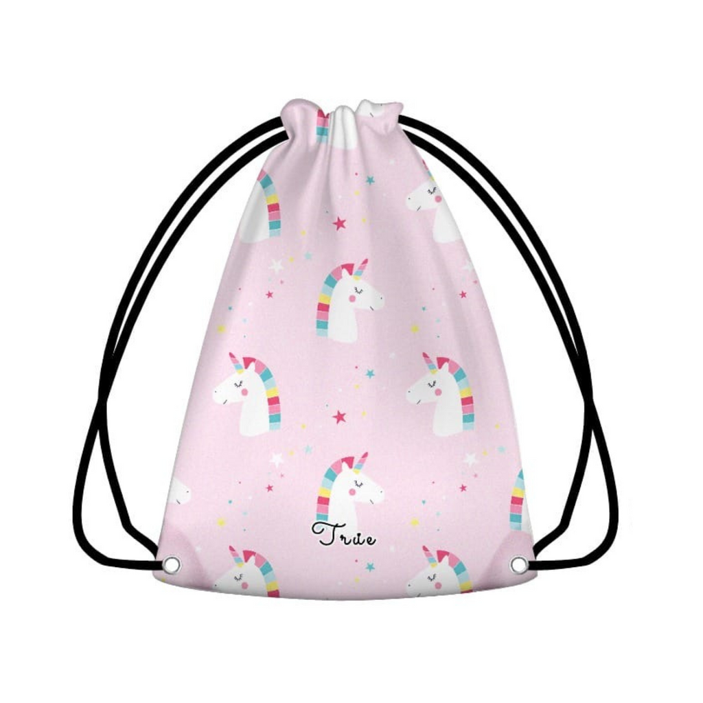 Drawstring bag with unicorn pattern on a pink background