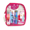 A Disney Princess-themed Duvon travel gift set in a bright pink zippered pouch, containing a travel spray, toothbrushes, nail polish, and a nail file.
