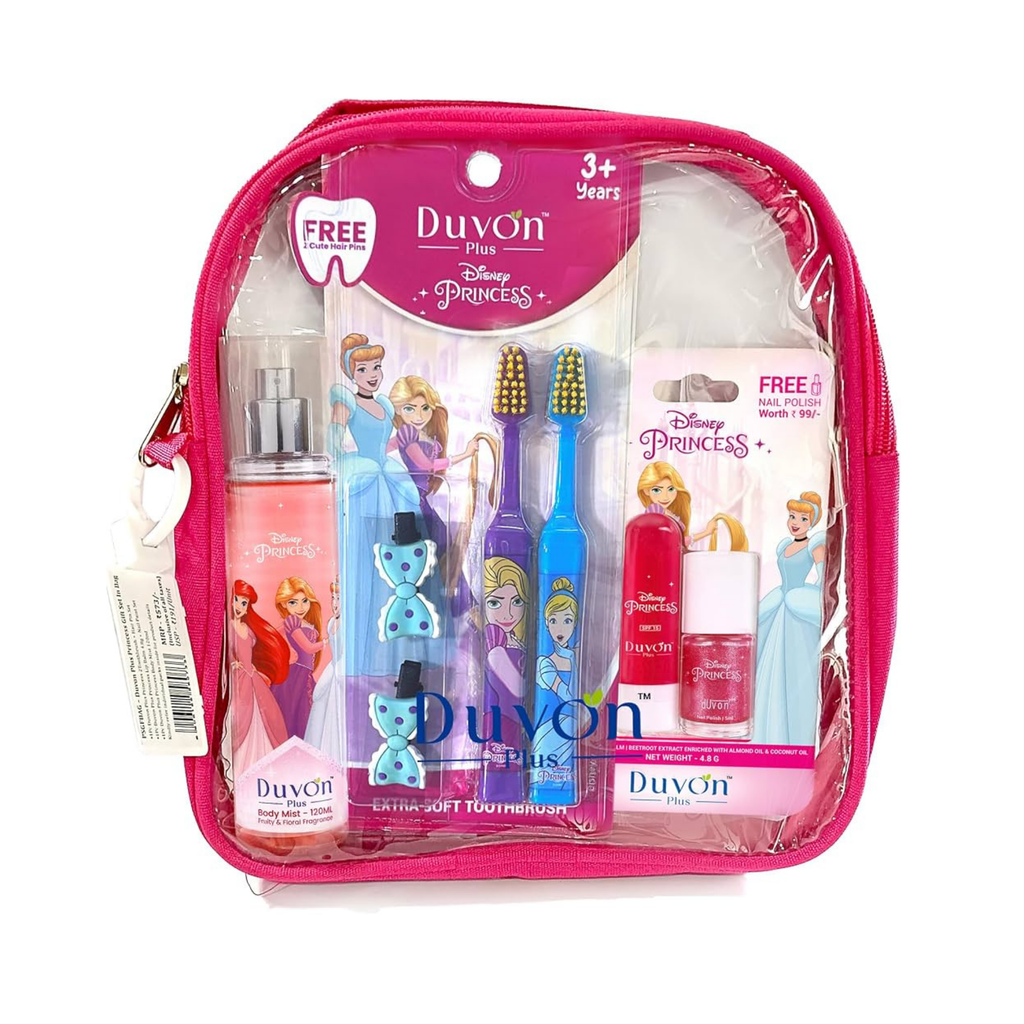 A Disney Princess-themed Duvon travel gift set in a bright pink zippered pouch, containing a travel spray, toothbrushes, nail polish, and a nail file.
