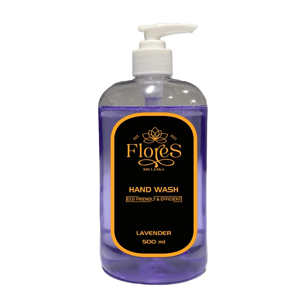 A clear plastic bottle with a pump dispenser containing purple liquid handwash labeled 'Flores Eco Hand Wash' with text indicating lavender scent and 500ml volume.