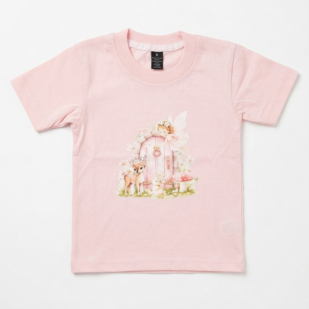 Pink t-shirt with a graphic of a deer and carousel on a white background