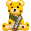 A yellow felt teddy bear plush toy with brown spots, wearing an olive green ribbon that reads 'SRI LANKA' with a small red heart, set against a plain white background.