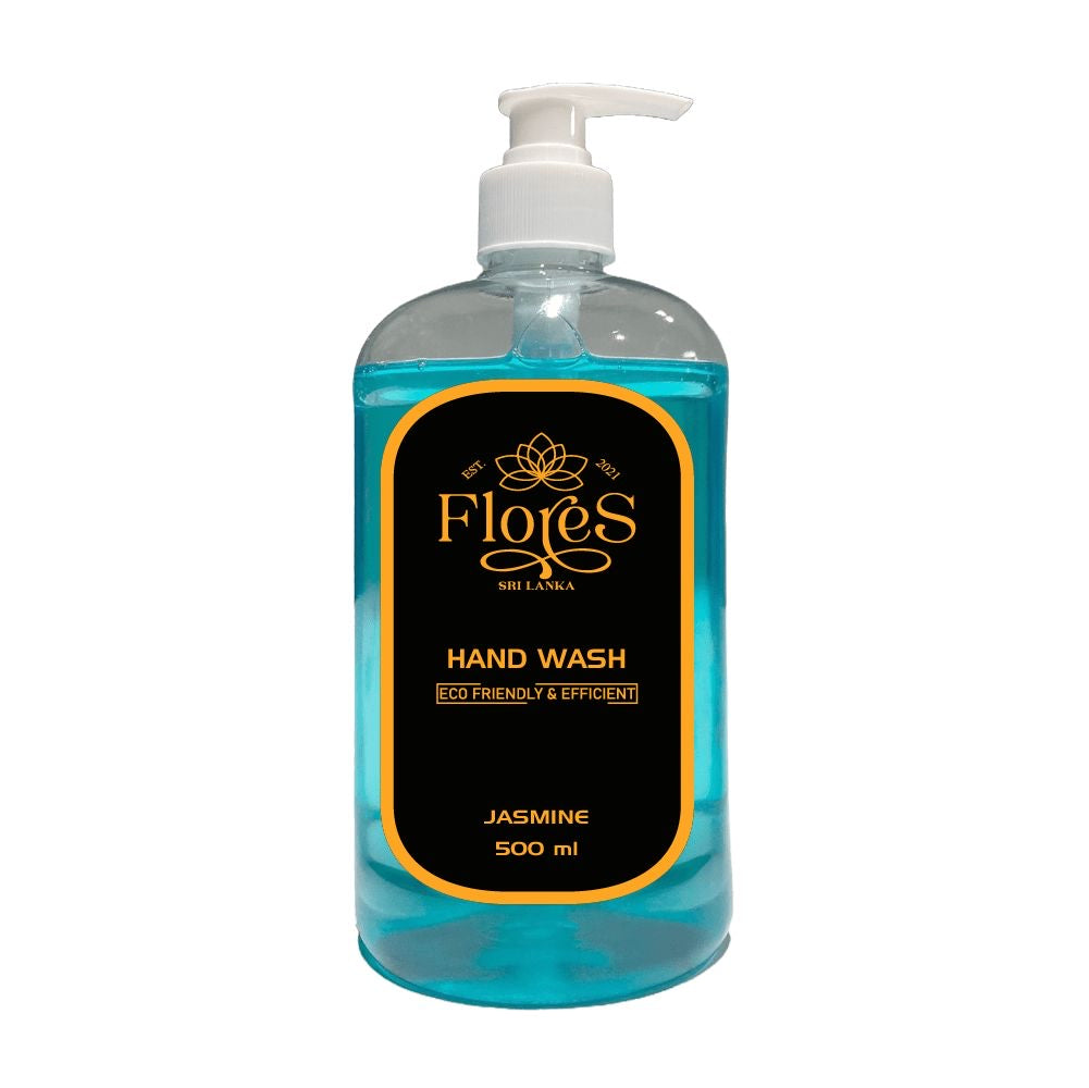 A 500ml bottle of Flores Eco handwash with a jasmine scent, designed for both kids and adults. The bottle is clear with a blue liquid inside and has a white pump.