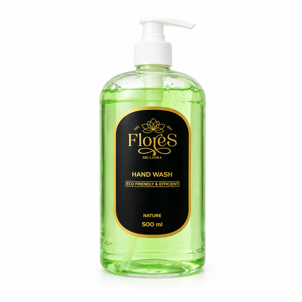 Green bottle of hand wash with a pump labeled 'Flores' on a white background