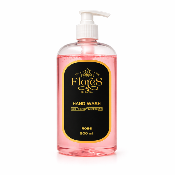 Bottle of Flores hand wash with a pump on a white background