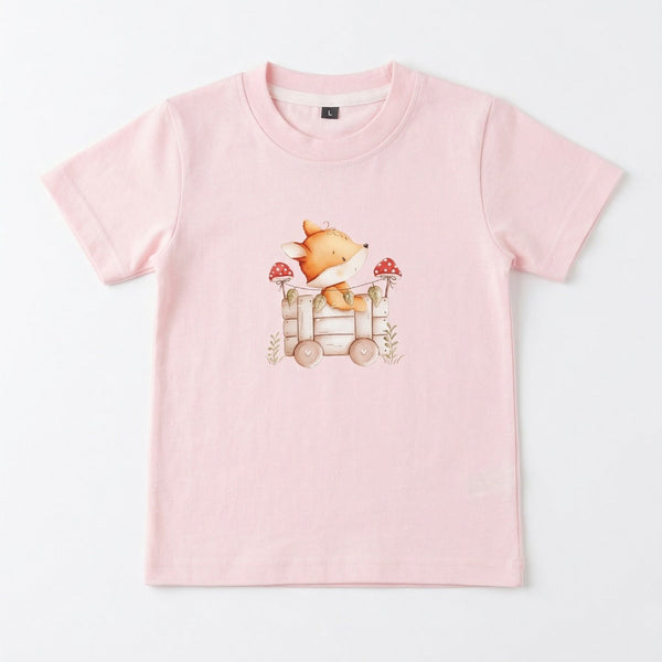 Pink t-shirt with a fox graphic on a white background
