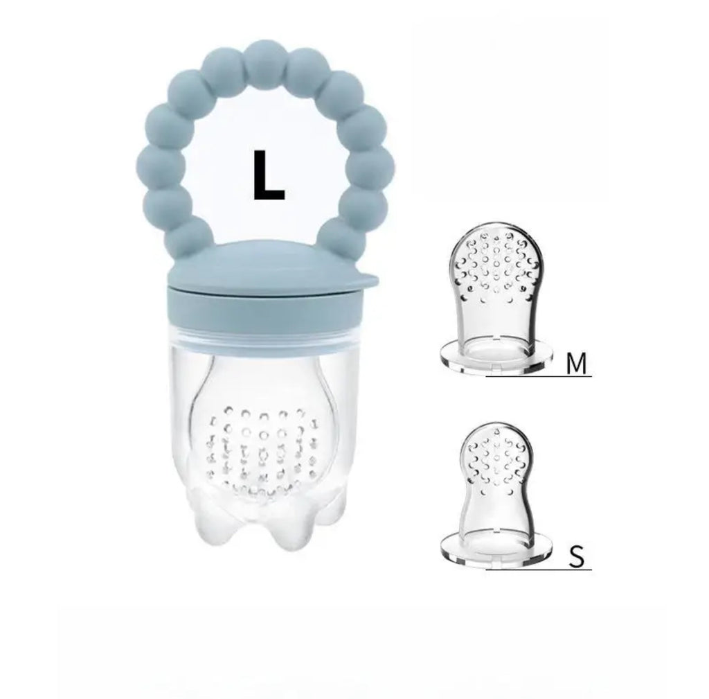 Baby fruit feeder with a silicone handle and two additional different size interchangeable silicone nipples in four different colors.